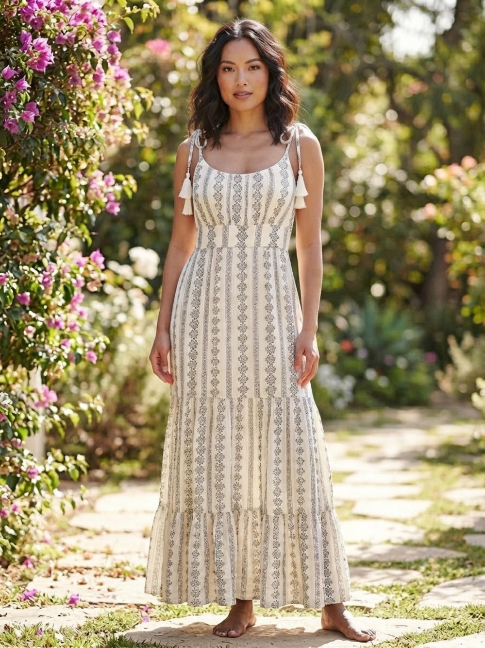 Promesa Ivory and Gray Striped Tassel-Shoulder Maxi Dress